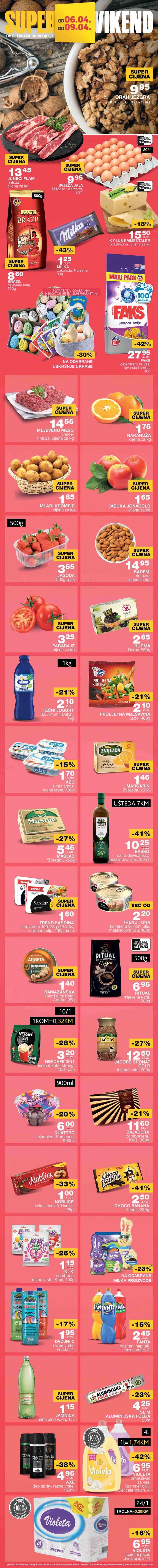 Mercator super vikend akcija od 06.04. do 09.04. donosi sjajne popuste na različite proizvode iz prehrambenog programa